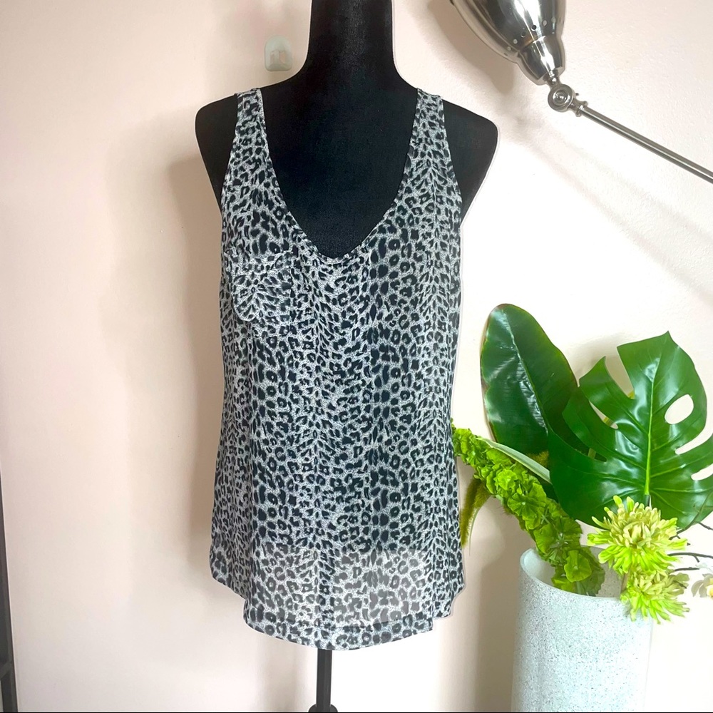 Women's Casual Sheer Leopard Animal Print Scoopneck Sleeveless Tank Top